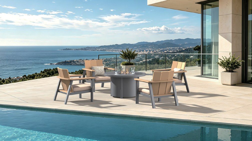 Aluminum dining chairs around a round fire table overlooking the sea