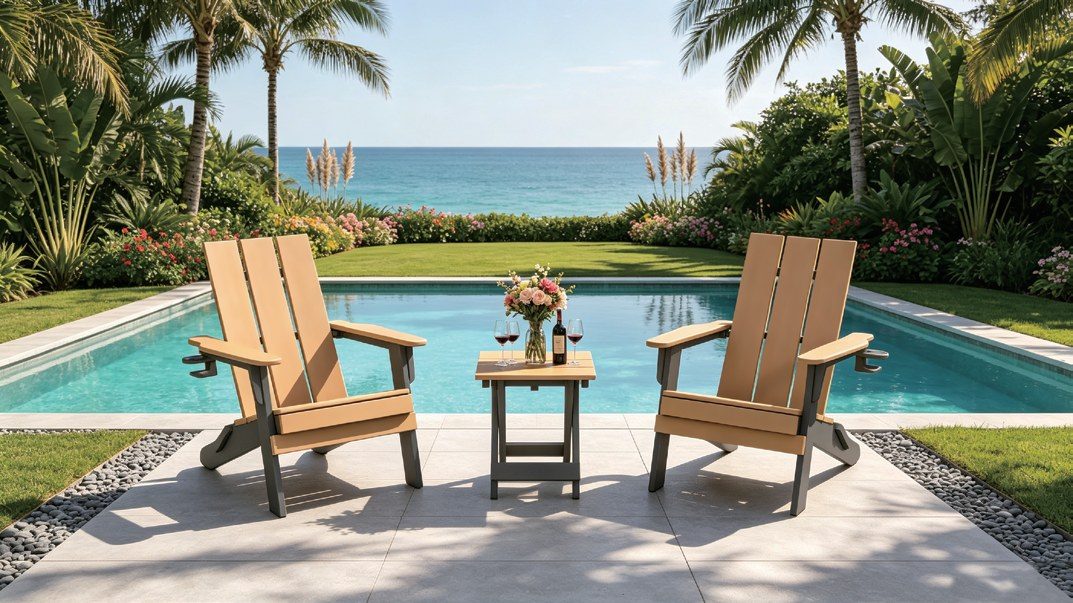 HDPE Adirondack chairs in teak and grey beside a pool