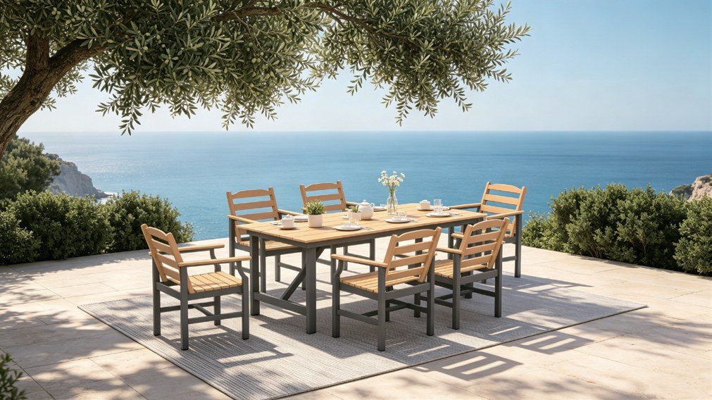 HDPE dining set on a terrace overlooking the sea