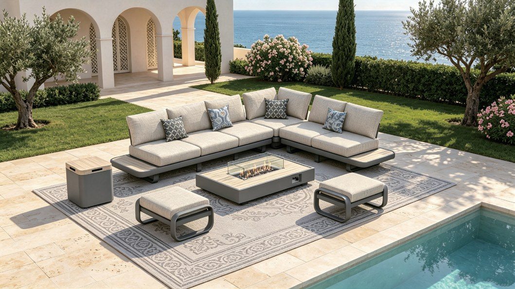 L-shaped aluminum sectional with round fire table on a pool terrace