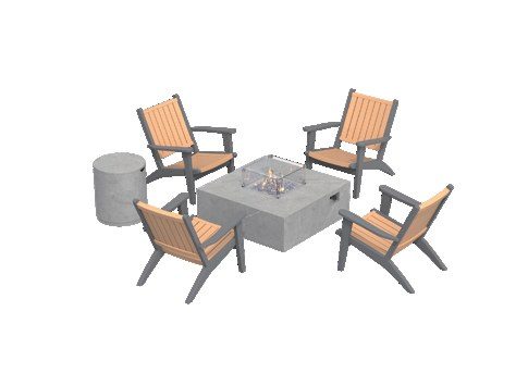 Stone fire table with slatted chairs and a matching tank cover
