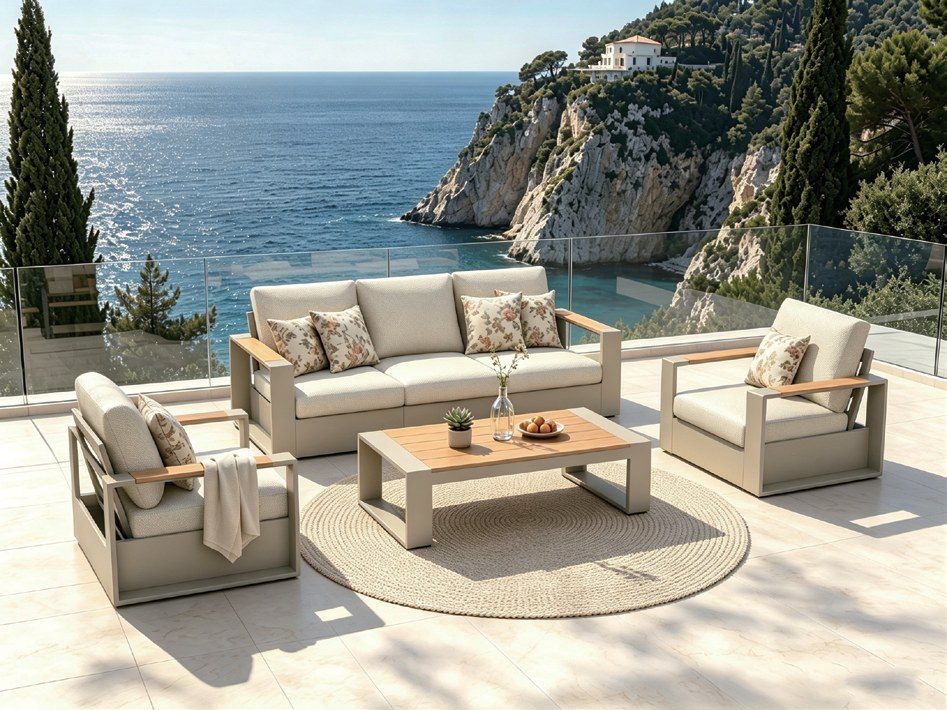 Aluminum sofa set with teak armrests and a teak coffee table on a terrace