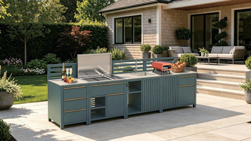 Long teal outdoor kitchen island run outside a modern house
