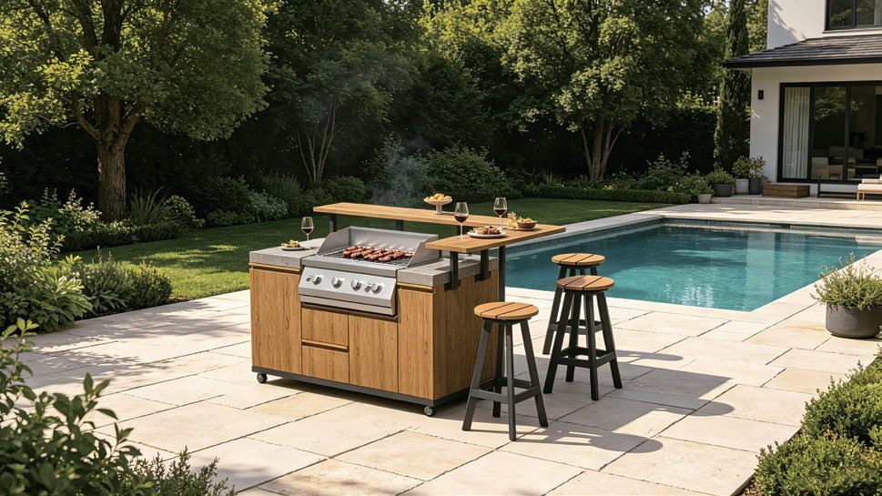 Timber-effect outdoor kitchen island with bar stools