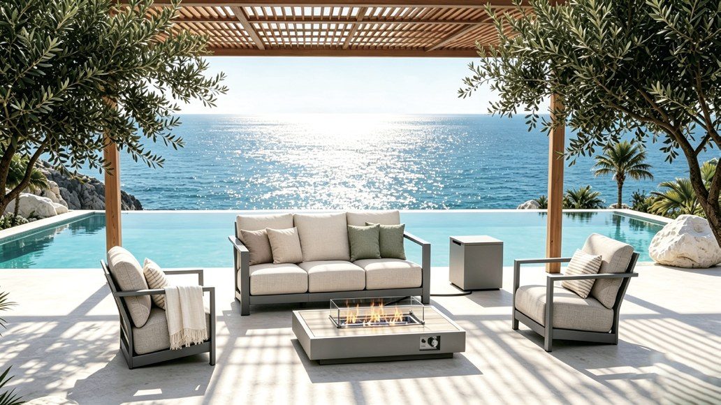 Aluminum sofa set and fire table under a pergola overlooking the sea