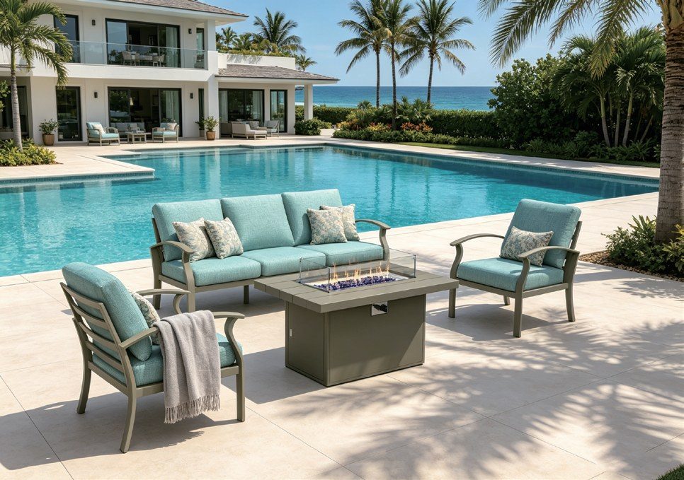 Outdoor sofa set with teal cushions around a long fire table