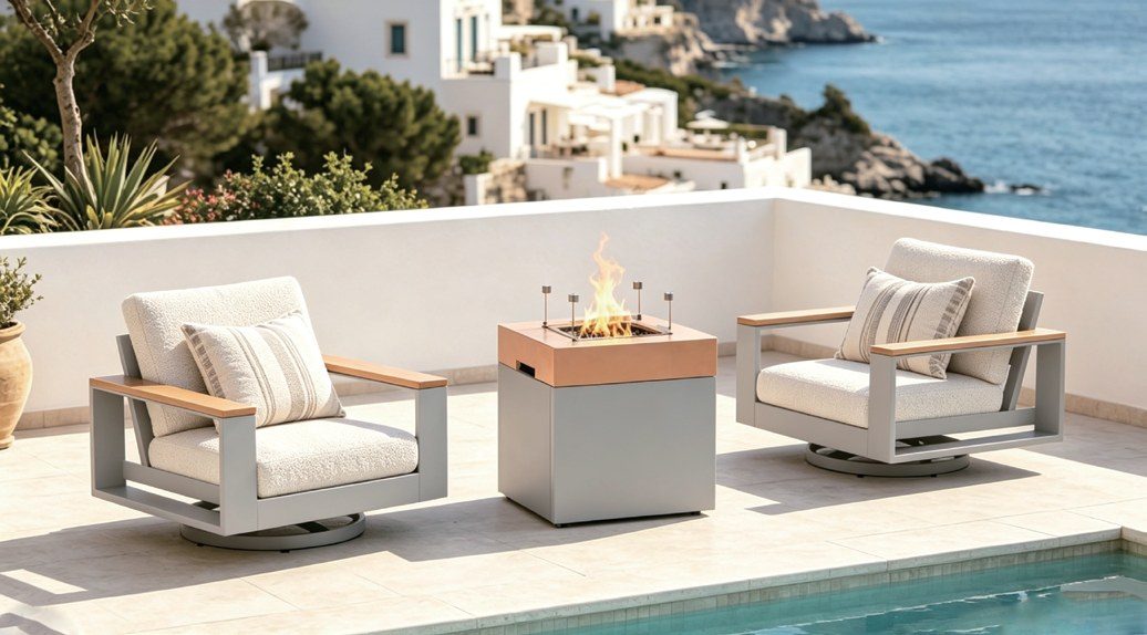Outdoor chairs around a square fire table on a white sea-view terrace