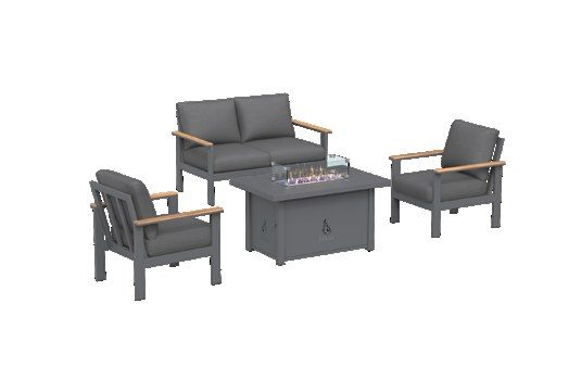 Aluminum loveseat and chairs with a fire table