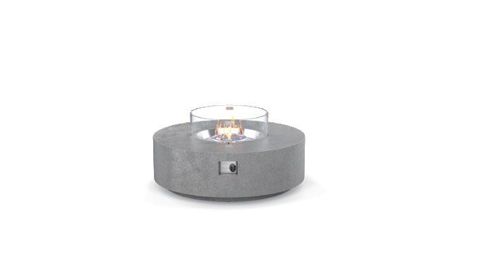 Round GFRC concrete fire bowl with glass wind guard