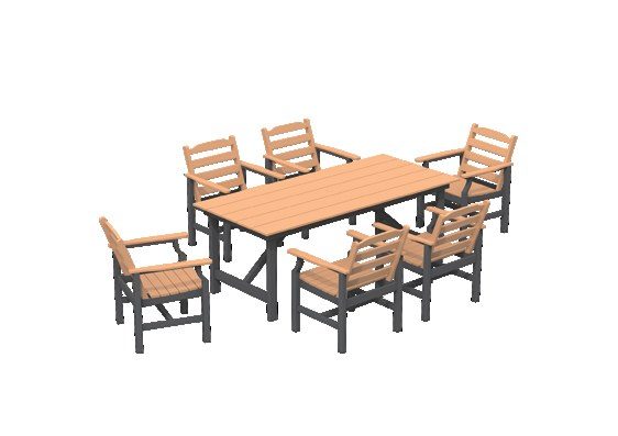 HDPE dining table with six slatted dining chairs