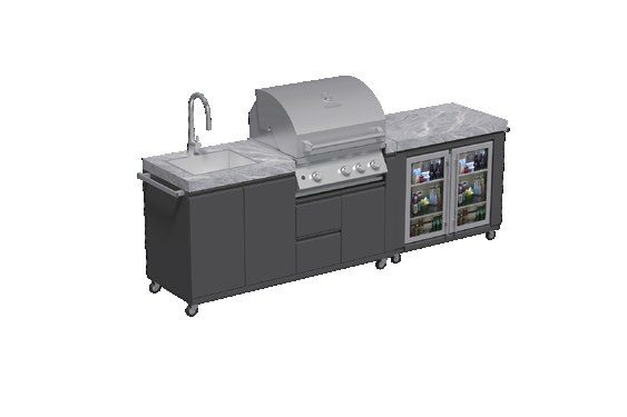 Outdoor kitchen island cabinet with built-in grill and glass-door fridge