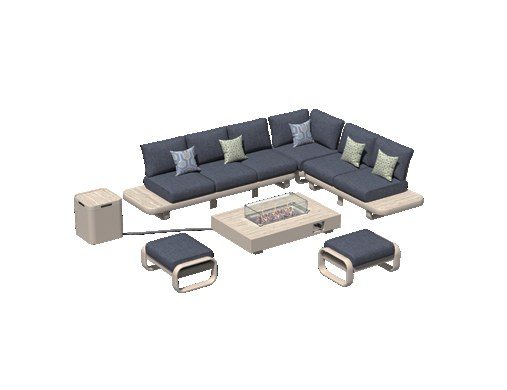Navy sectional arranged around a rectangular fire table with ottomans