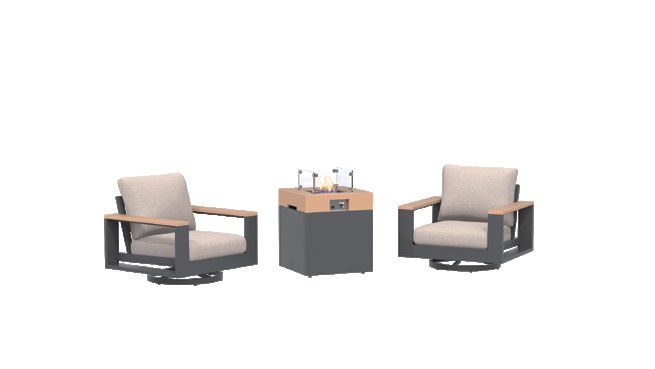 Two aluminum swivel chairs beside a square fire table